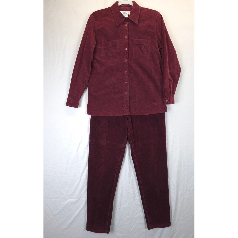 Jaeger Womens 12 Burgundy Corduroy Shirt Pants Set Italy Cotton Stretch Academia